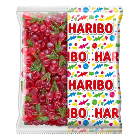 Sachet de 2kg de happy cherry haribo, qui sont des bonbons en forme de cerise rouge et verte