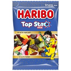 sachet haribo top star bleu avec les personnages haribo qui jouent de la guitar et chante
