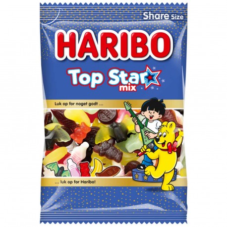 sachet haribo top star bleu avec les personnages haribo qui jouent de la guitar et chante