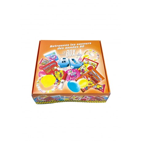 box orange avec des bonbons graphiques sur le dessus et le slogan "retrouvez les saveurs des années 80". box orange avec des bonbons graphiques sur le dessus et le slogan "retrouvez les saveurs des années 80".