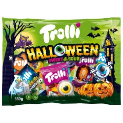 Sachet Trolli Halloween Sweet & Sour, 360 g de bonbons colorés, fruités et acidulés pour une fête terrifiante.