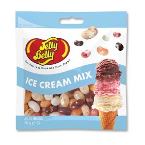 petit sachet de jelly belly avec un cône et 3 boules de glace (vanille, fraise et chocolat"