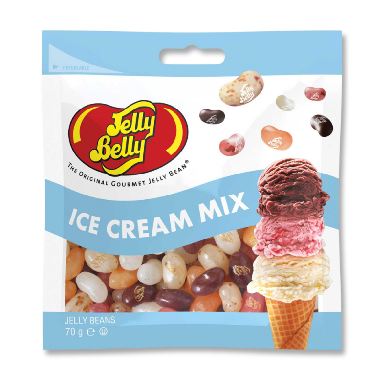 petit sachet de jelly belly avec un cône et 3 boules de glace (vanille, fraise et chocolat"