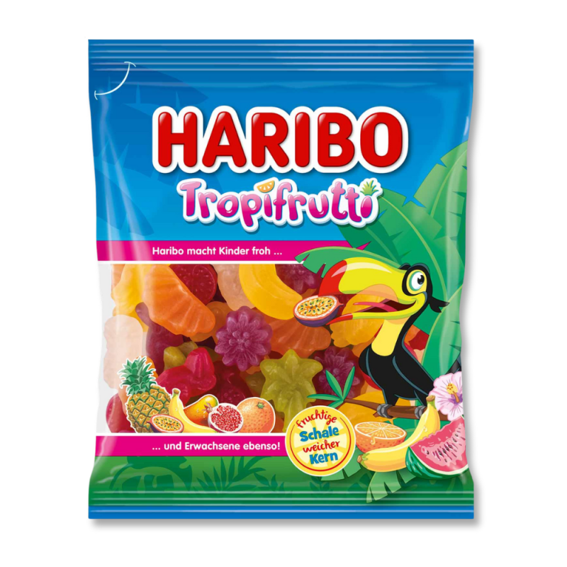 Sachet de bonbon haribo avec un toucan dessus, les bonbons sont en forme de fruits tropicaux