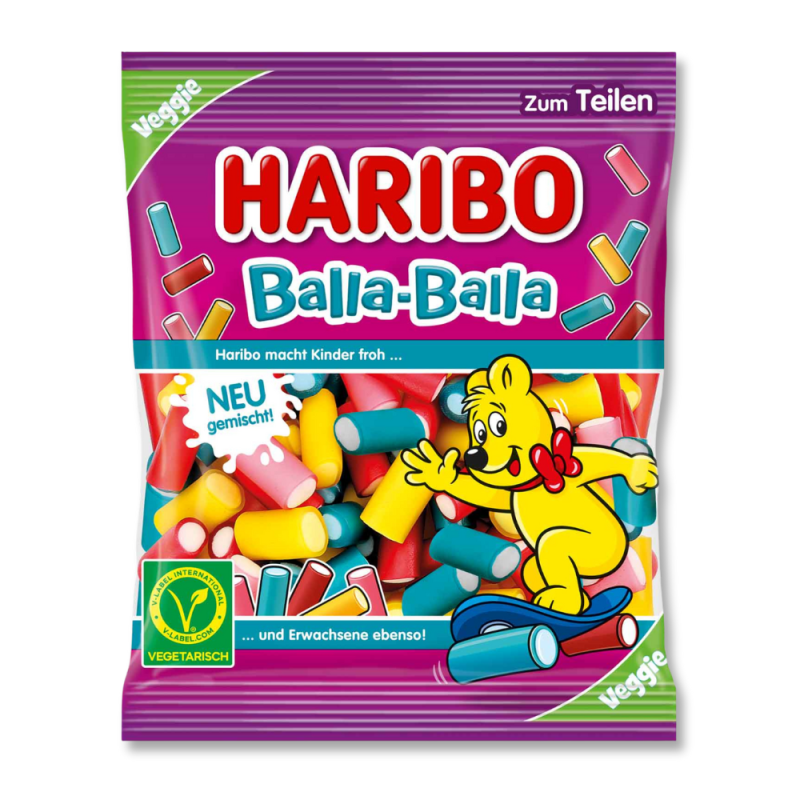sachet de bonbon Haribo violet avec l'ours haribo qui fait coucou, et les balla balla dans le sachet