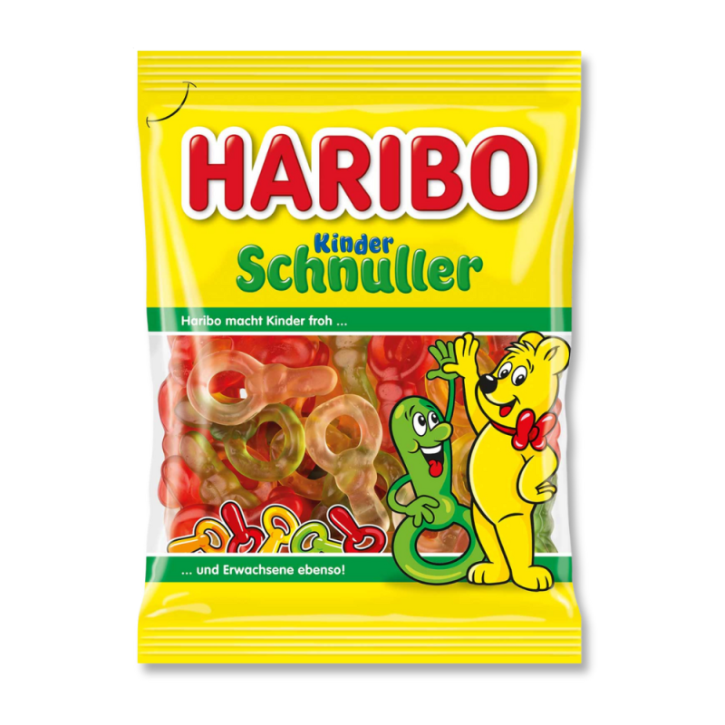 Un sachet haribo jaune avec le nounours haribo, remplis de tétine de couleurs différentes (jaune, rouge et orange)