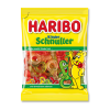 Un sachet haribo jaune avec le nounours haribo, remplis de tétine de couleurs différentes (jaune, rouge et orange)