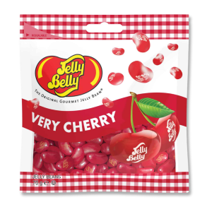 sachet de jelly belly blanc avec des jelly belly rouge et une cerise sur le sachet