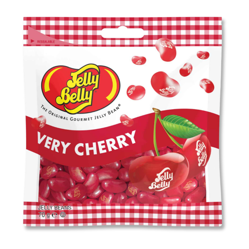 sachet de jelly belly blanc avec des jelly belly rouge et une cerise sur le sachet sachet de jelly belly blanc avec des jelly belly rouge et une cerise sur le sachet