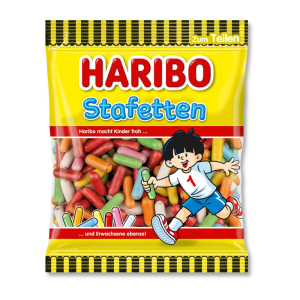 Sachet Haribo jaune avec les bonbon dragées long a l'intérieur