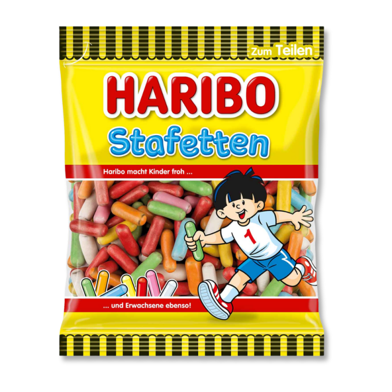 Sachet Haribo jaune avec les bonbon dragées long a l'intérieur