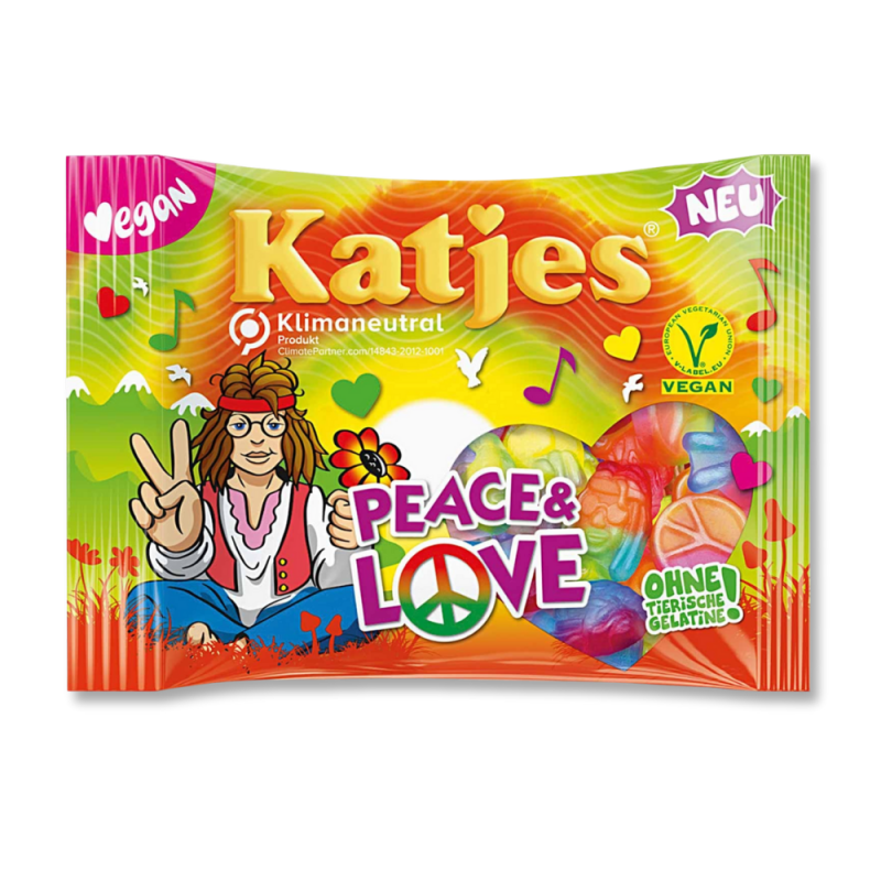 Sachet katjes vegan vert, peace and love.