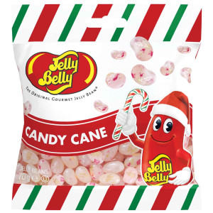 Sachet de jelly belly aux couleurs de noël rouge et vert et une cane a sucre