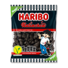 Sachet haribo noir, avec des détails rouge, qui mettent en avant la réglisse.