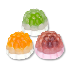 Image rapprocher des bonbon gélifié, vert, orange, rouge avec un dessous blanc en forme de fleure