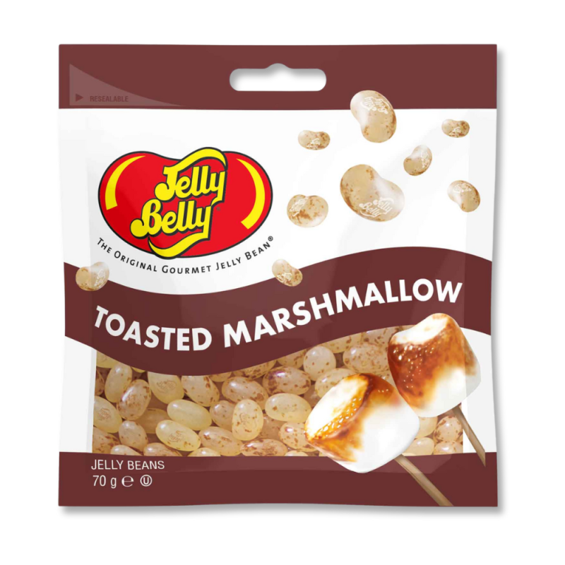 Sachet de jelly belly blanc et marron avec des illustration de marshmallow grillé