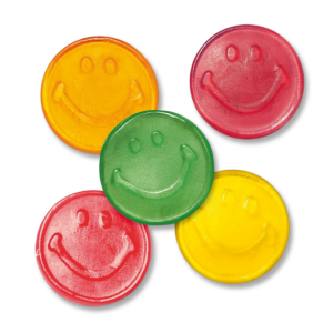 5 bonbons emojis sourire vert, jaune rouge et orange