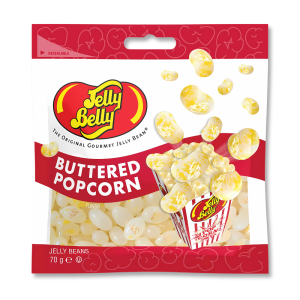 Sachet de Jelly Bally pop corn blanc et rouge avec un paque de pop corn dessus