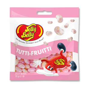 sachet de bonbon blanc avec un jelly belly qui a un chapeau de cuisinier qui danse et plusieurs jelly belly rose sur le paquet