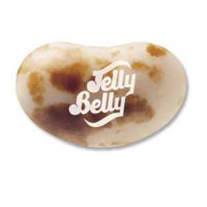 Un dragées de jelly belly marshmallow en forme de haricot blanc au tâches marrons avec écrit jelly belly en blanc dessus