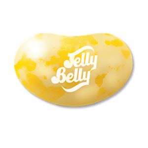 Un jelly belly pop corn jaune en forme de haricot avec écrit jelly belly en blanc écrit dessus