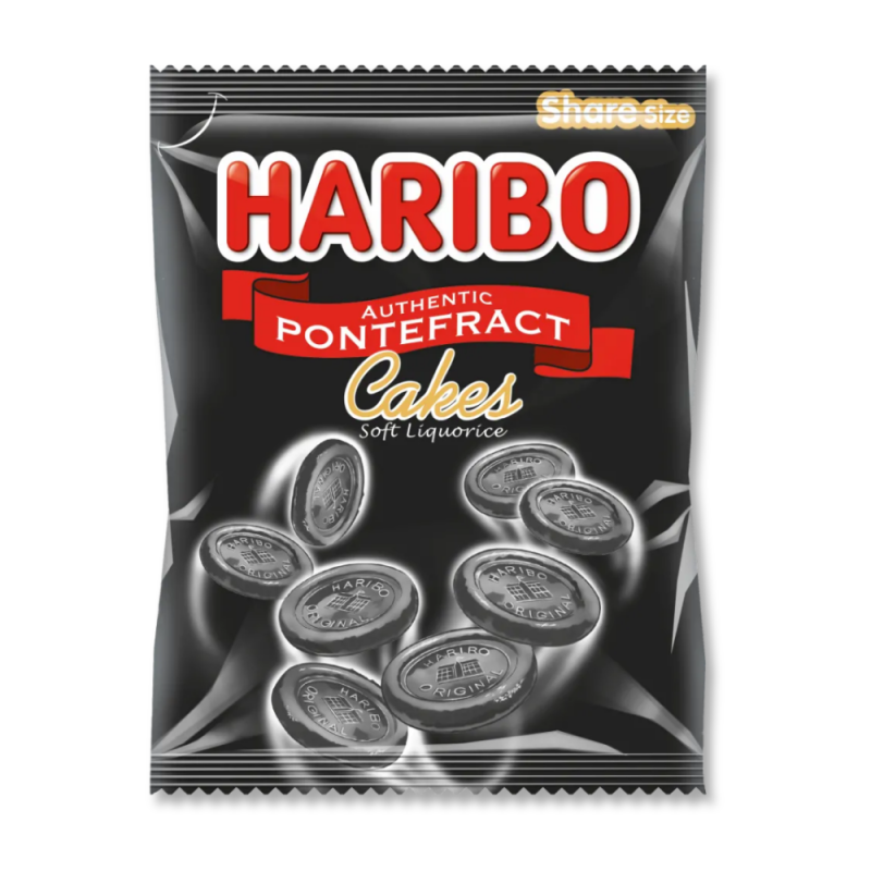 Sachet noir haribo de réglisse, avec la marque haribo écrit en rouge, et des bonbons en image dessus