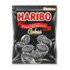 Sachet noir haribo de réglisse, avec la marque haribo écrit en rouge, et des bonbons en image dessus