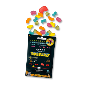Sachet de powerup space ouvert avec les bonbon en gélatine en forme de cubes Tetris.