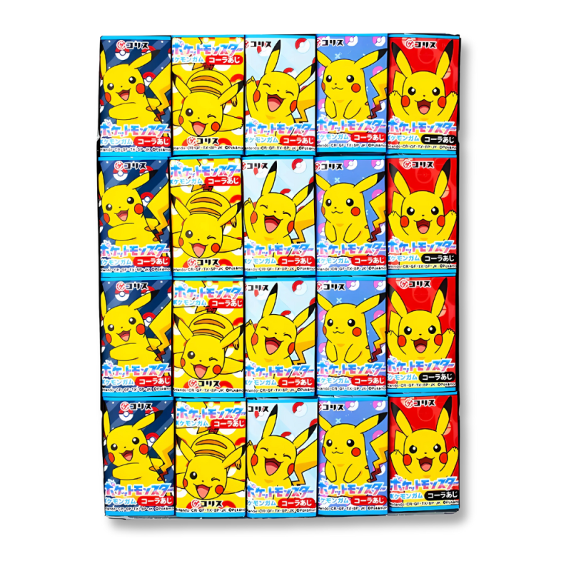 plusieurs chewing gum avec pikatchu dessiné dessus en forme de malabars, écrit en japonais