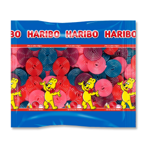 Sachet haribo de rouleau multicolores, bleu avec des logo de haribo et l'ours haribo en illustration