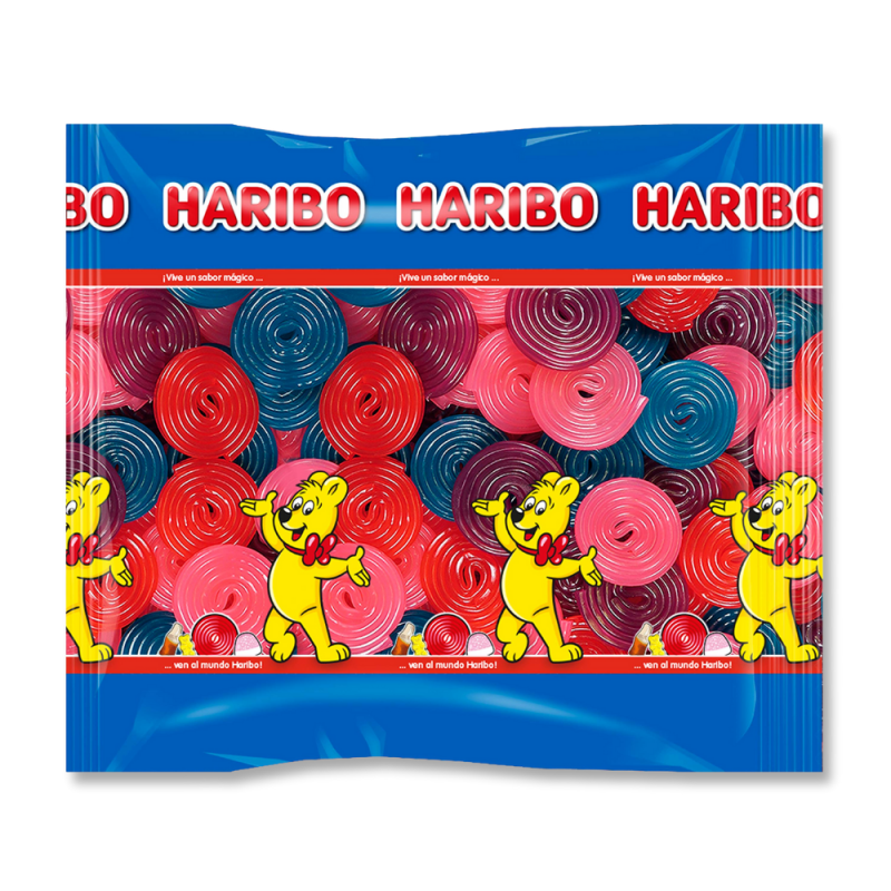 Sachet haribo de rouleau multicolores, bleu avec des logo de haribo et l'ours haribo en illustration