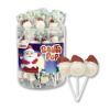 Sucette Santa Pop en forme de père noël en rouge et blanc, avec le tubo complet de sucettes en fond