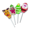 Les 4 sucettes de plus près. 1 sucette reine, 1 sucette bonhomme de neige, 1 sucette sapin de noël, 1 sucette père noël.