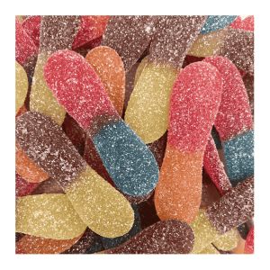 Vrac de langues acides haribo de couleurs rouge et orange, rose et bleu, et marron et jaune