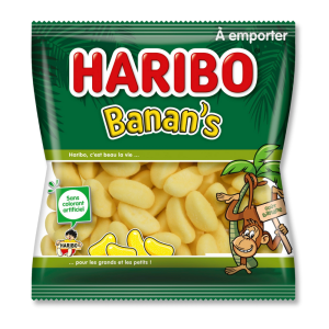 Sachet banan's de chez Haribo qui sont des bonbons jaunes en forme de bananes