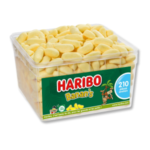 Boite tubo de banan's de chez Haribo qui sont des bonbons jaunes à la forme et au goût de banane