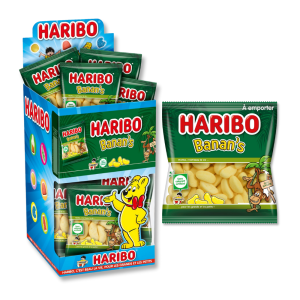 Présentoir de sachets de banan's haribo, qui sont des bonbon à la forme et au goût de banane