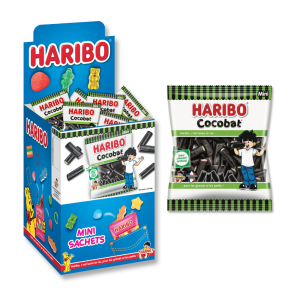 Boite présentoirs de mini sachet de cocobat, qui sont des bonbon à la réglisse de chez Haribo