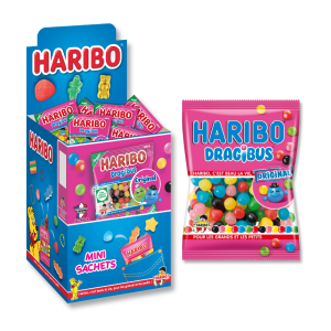 Boite présentoir de mini sachet de dragibus multicolores de chez Haribo