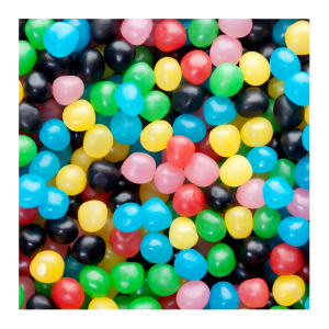Vrac de dragibus de chez Haribo, de couleurs noirs, rouge, vert, rose, jaune et bleu