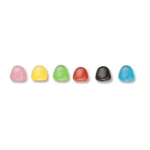Dragibus soft de chez Haribo individuels, de couleurs rose, jaune, vert, bleu, rouge et noir
