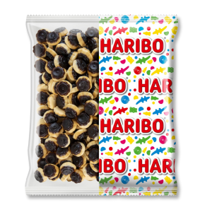 Gros conditionnement sachet de flanbolo caramel de chez Haribo, marron et beige