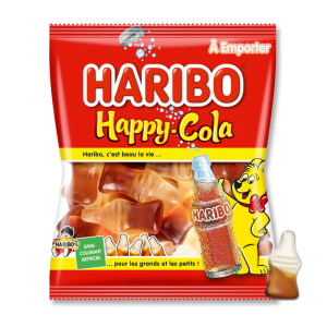 Sachet de happy cola lisse de chez Haribo, qui sont des bonbons en forme et au goût de cola marron et transparent