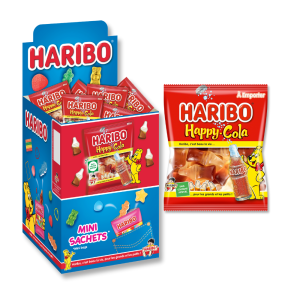 Boite présentoir de mini sachets happy cola lisse de Haribo, qui sont des bonbon au cola