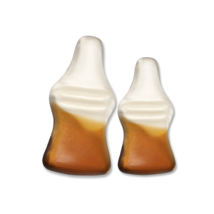 Happy cola lisse de chez Haribo en individuel, qui ressemble a des bouteilles de cola marron et blanche.