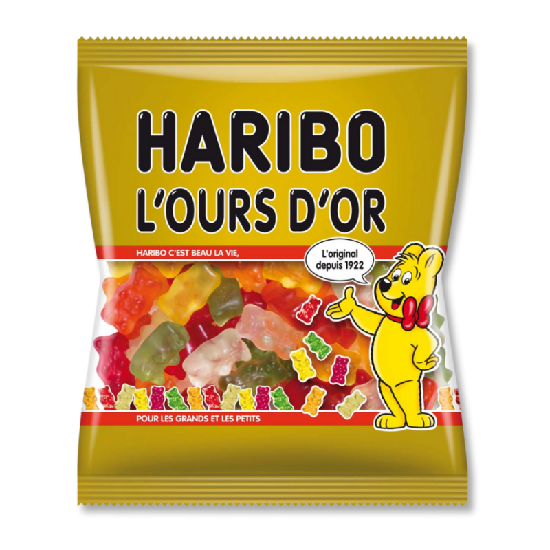 Sachet d'ours d'or haribo qui sont des bonbon gélatine multicolores