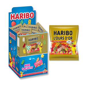 Boite présentoirs de mini sachet d'ours d'or, qui sont des bonbons gélifiés