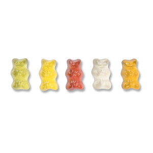 Ours d'or de chez Haribo de couleur vert, jaune, rouge, transparent et orange.