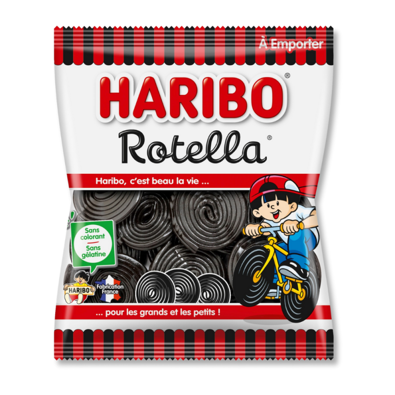 Sachet de rotella noir réglisse Haribo de couleur rouge, blanc et noir