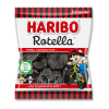 Sachet de rotella noir réglisse Haribo de couleur rouge, blanc et noir